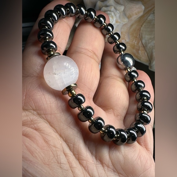 HEMATITE + SELENITE STONES NATURAL BRACELET size 7” - Picture 8 of 12